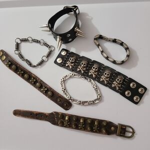 7 Pc Mens Bracelets Skulls Leather Chains Stainless Steel Punk Gothic Biker Lot